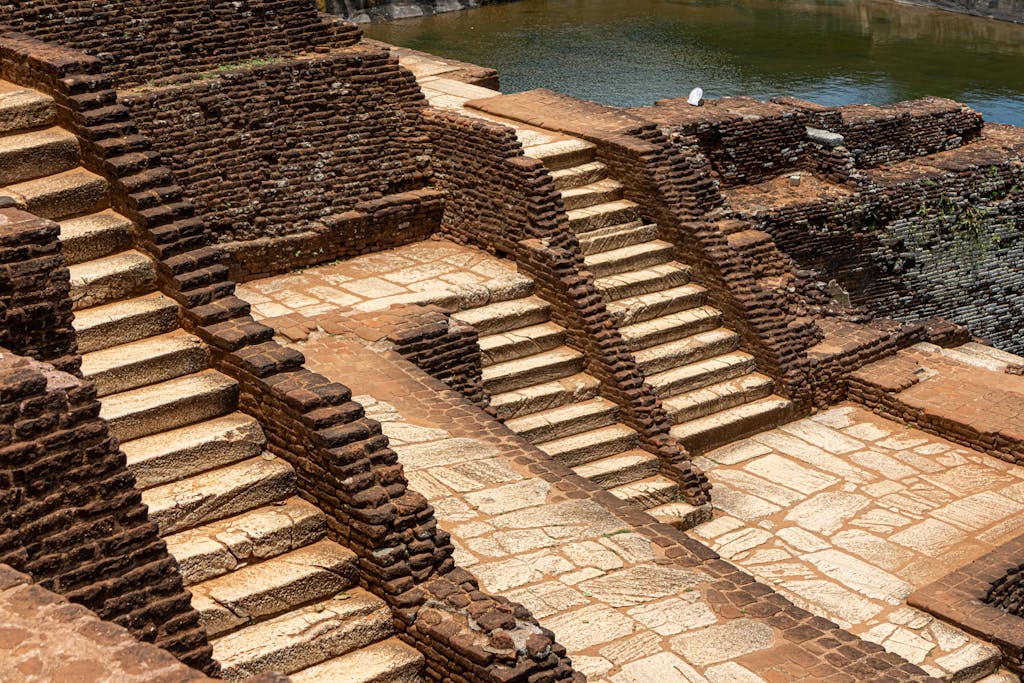 Explore the intricate design of ancient steps at Sigiriya Rock Fortress in Sri Lanka.
